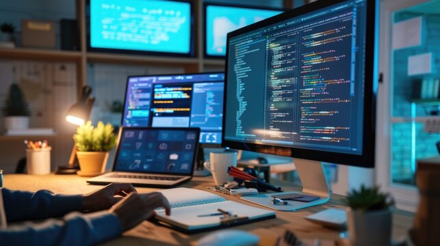 A focused software developer codes on a dual monitor setup in a modern office environment with a minimalist aesthetic. AIG41