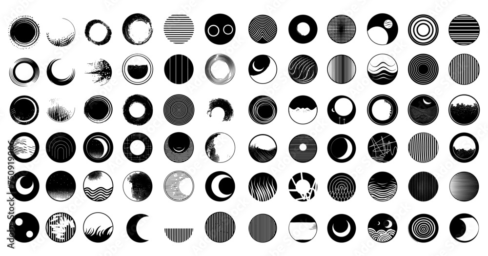 Poster round logos in black color, large vector bundle. circles with blobs, lines, moon, sun, abstract icon
