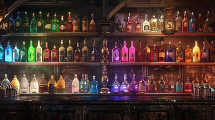 Colorful bottles of rum, tequila, and gin line the bar, creating a vibrant and inviting atmosphere. - obrazy, fototapety, plakaty