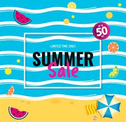 Bright Sale banner, template design with summer fruit and abstract sea. Text Summer Sale. summer beach with fruit. Vector promo illustration