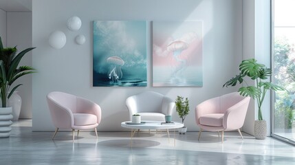 Fototapeta premium Minimalistic modern living room interior. Pastel shades armchairs. White glass floor lamp in the shape of a jellyfish. There are paintings with jellyfish on the wall.