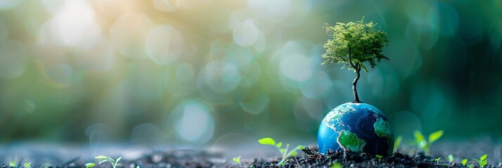 Miniature tree growing on a small Earth globe. Happy Earth day and Environment Day. Green world, ecology and eco-friendly lifestyle concept. Design for banner, poster with copy space