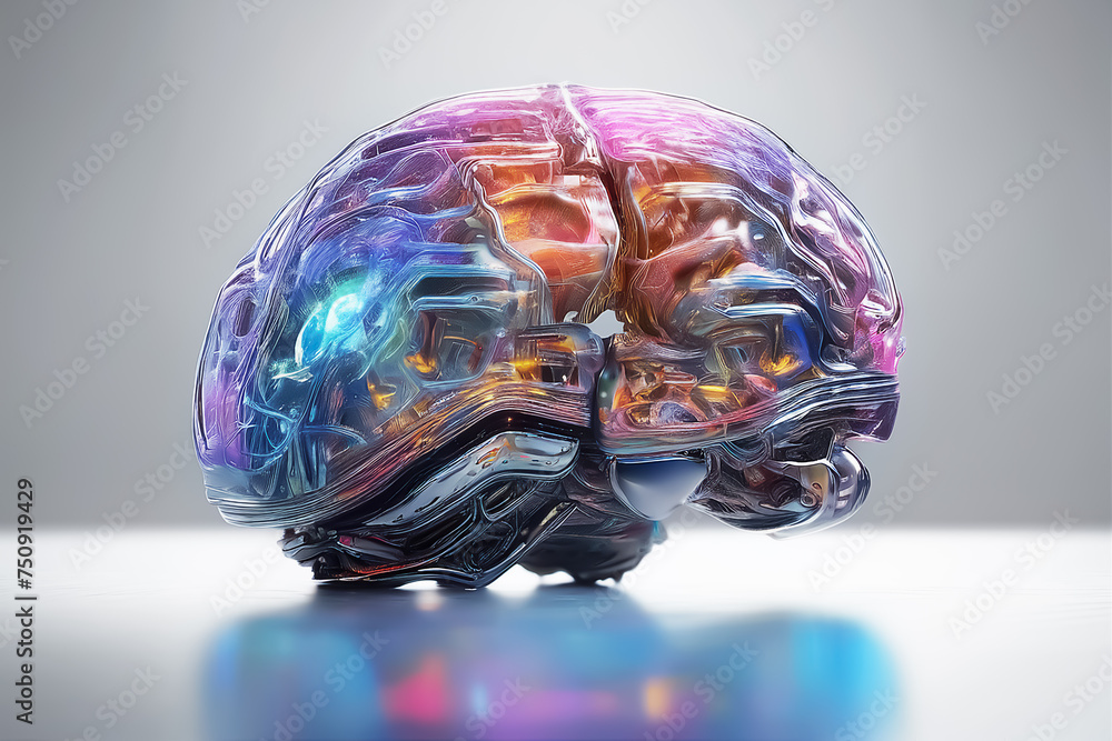 Poster ai brain. artificial intelligence. metal robot brain close-up