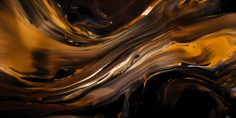 Veils of golden caramel and rich mocha converge in a hypnotic dance, mirroring the fluid movement of molten copper and molasses hues against an abstract, ethereal backdrop. - obrazy, fototapety, plakaty