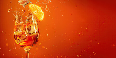 An Aperol Spritz cocktail with splashes, on an orange background with copy space for text