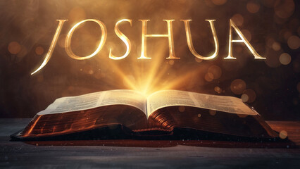 Book of Joshua. Open bible revealing the name of the book of the bible in a epic cinematic presentation. Ideal for slideshows, bible study, banners, landing pages, religious cults and more