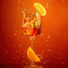 An Aperol Spritz cocktail with splashes, on an orange background