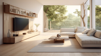 A modern living room with comfortable seating, a flat screen TV, and modern Smart home technology