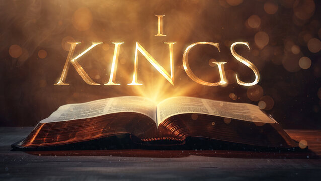 Book of 1 Kings. Open bible revealing the name of the book of the bible in a epic cinematic presentation. Ideal for slideshows, bible study, banners, landing pages, religious cults and more