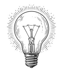 Light bulb and light rays. Lightbulb sketch illustration. Lamp idea business concept