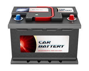 Generic car battery isolated on transparent background. 3D illustration - obrazy, fototapety, plakaty