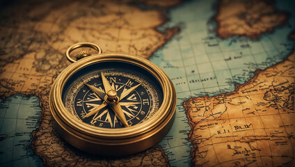 Fototapeta na wymiar Antique vintage compass, world map retro