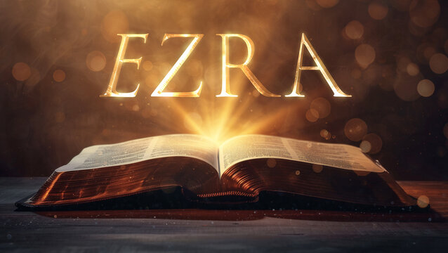 Book of Ezra. Open bible revealing the name of the book of the bible in a epic cinematic presentation. Ideal for slideshows, bible study, banners, landing pages, religious cults and more
