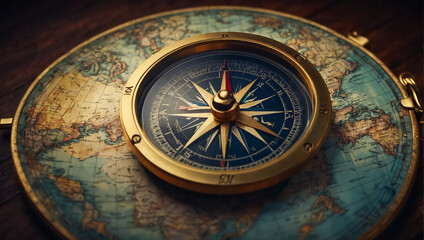 Fototapeta na wymiar Antique vintage compass, world map design