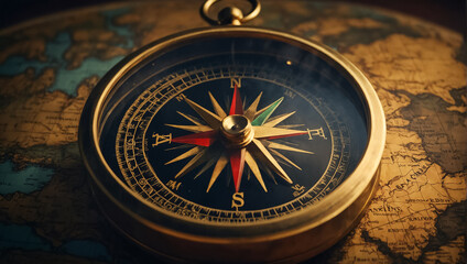 Antique vintage compass, world map instrument - obrazy, fototapety, plakaty