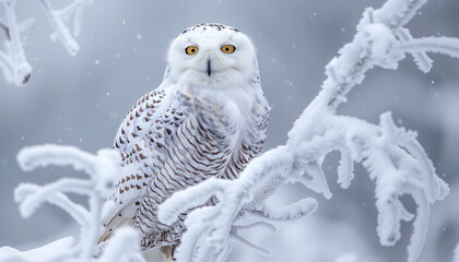 An owl with striking yellow eyes is perched on frost-covered branches in a snowy environment
