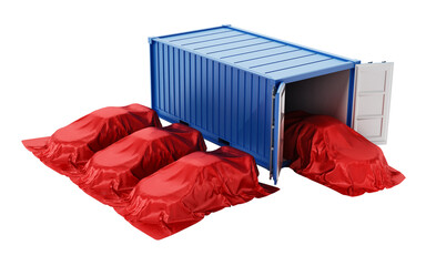New unloaded cars covered with red clothes and shipping container isolated on transparent background. 3D illustration