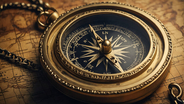 Antique vintage compass, world map navigation