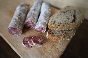 delicious traditional french saucissons on a cutting board