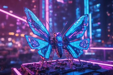 Big cyberpunk cybernetic moth with pink and blue colours standing in front of surreal futuristic cyberpunk city, surrounded by glowing magenta and cyan neon lights with amazing bokeh - obrazy, fototapety, plakaty
