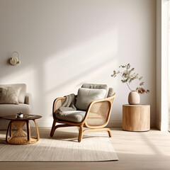 A modern living room featuring a rattan armchair, a grey sofa, and a natural wood console table