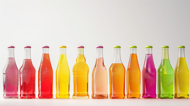 Vibrant bottles of assorted drinks stand side by side against a seamless white backdrop, creating a visually striking composition.