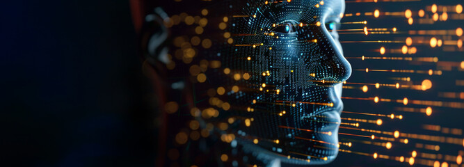 visualization of artificial intelligence, showcasing a silhouette of a human head overlaid with intricate networks of light and digital circuits, backdrop, copy space