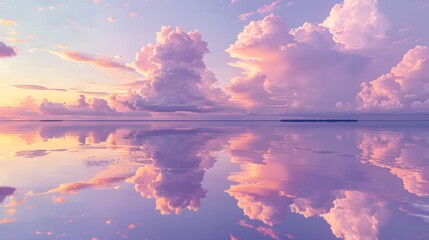 Soft clouds in shades of pink and lavender are mirrored in the still waters of the lake creating a...