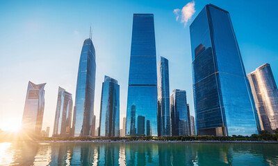 Obraz premium Ai Generate, modern skyscrapers in a futuristic financial district with reflections, set against a blue background for a corporate and business template, with warm sun rays of light.