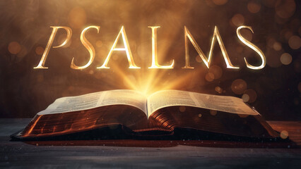 Book of Psalms. Open bible revealing the name of the book of the bible in a epic cinematic presentation. Ideal for slideshows, bible study, banners, landing pages, religious cults and more