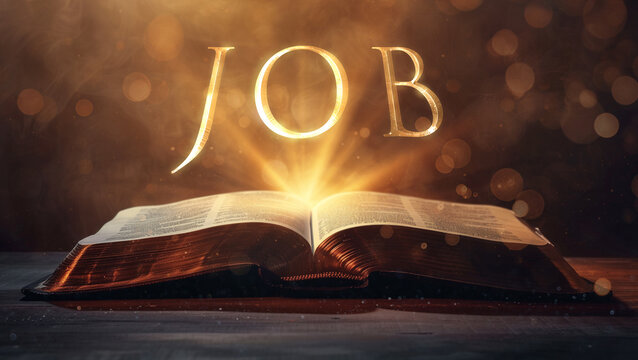 Book of Job. Open bible revealing the name of the book of the bible in a epic cinematic presentation. Ideal for slideshows, bible study, banners, landing pages, religious cults and more