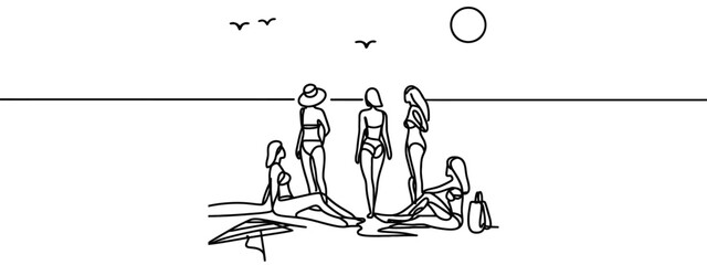 continuous single drawn one line of a girl sunbathing on a beach drawn by hand silhouette picture. Line art. character girl resting - obrazy, fototapety, plakaty