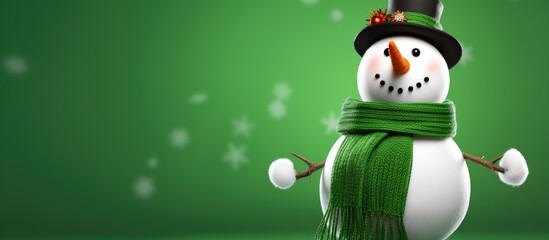 A festive snowman decked out in a vibrant green scarf and matching hat, standing against a bright green screen background. The snowmans features include coal eyes, a carrot nose, and twig arms.