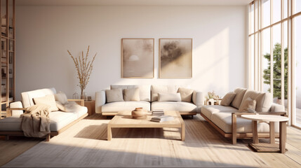 Fototapeta na wymiar A modern living room with fully customizable furniture and neutral colors