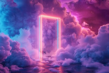 Mystical doorway with neon lights in a cloudy dreamscape