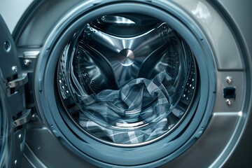 An intimate close-up of a washing machine's front, revealing the texture and colors of the laundry within
