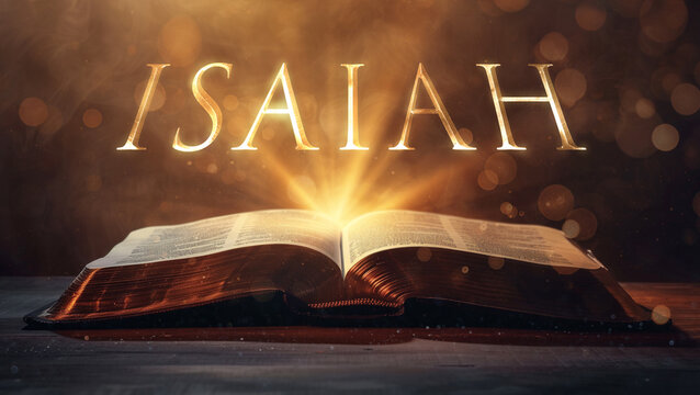 Book of Isaiah. Open bible revealing the name of the book of the bible in a epic cinematic presentation. Ideal for slideshows, bible study, banners, landing pages, religious cults and more
