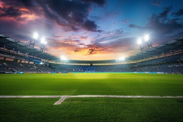 Stadium with bright lights and a dramatic sky during a sports event
