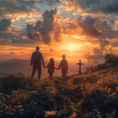 A family by the cross at sunset