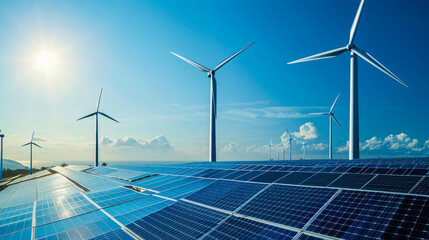 Solar power station with solar panels and wind mill  for producing electric power energy by green power with copy spacef