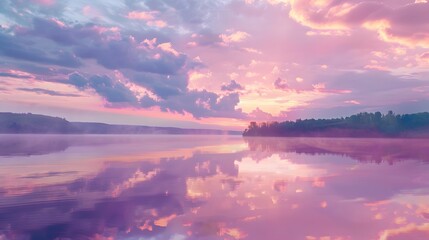 Soft clouds in shades of pink and lavender are mirrored in the still waters of the lake creating a...