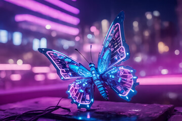 Surreal artificial cyborg cyberpunk glowing monarch butterfly with blue and pink neon lights flying against a blurred futuristic city background, nature and science fused in robotic insect