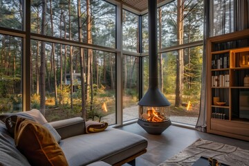 Cozy modern living room with a fireplace and a view of the forest