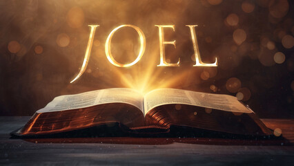 Book of Joel. Open bible revealing the name of the book of the bible in a epic cinematic presentation. Ideal for slideshows, bible study, banners, landing pages, religious cults and more - obrazy, fototapety, plakaty