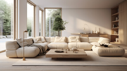 A modern living room with customizable furniture, featuring a beige sofa and a patterned ottoman