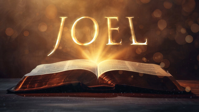 Book of Joel. Open bible revealing the name of the book of the bible in a epic cinematic presentation. Ideal for slideshows, bible study, banners, landing pages, religious cults and more