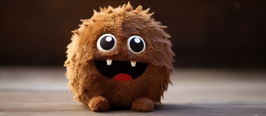 A stuffed animal resembling a brown monster with big eyes is sitting on the ground. The toy is cute and has a unique design that catches the viewers attention. - obrazy, fototapety, plakaty