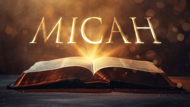 Book of Micah. Open bible revealing the name of the book of the bible in a epic cinematic presentation. Ideal for slideshows, bible study, banners, landing pages, religious cults and more