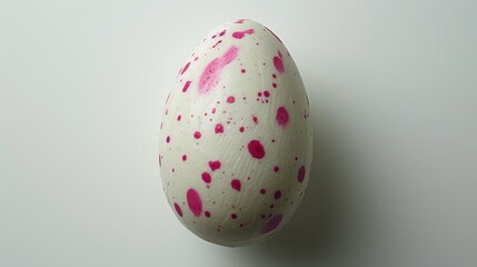 a close up of an easter egg with pink sprinkles on a white surface with a gray background.
