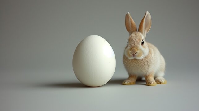 a rabbit standing next to an egg on a gray background with a shadow of a bunny's head on the egg.